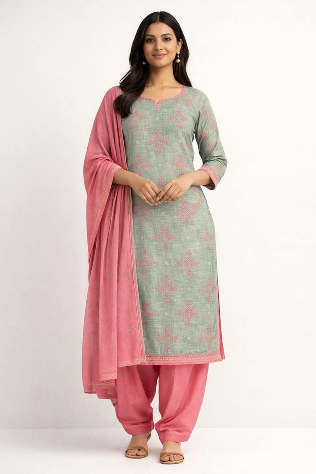 Chanderi Silk-Cotton Unstitched Suit Set — Blush Rose Jaal